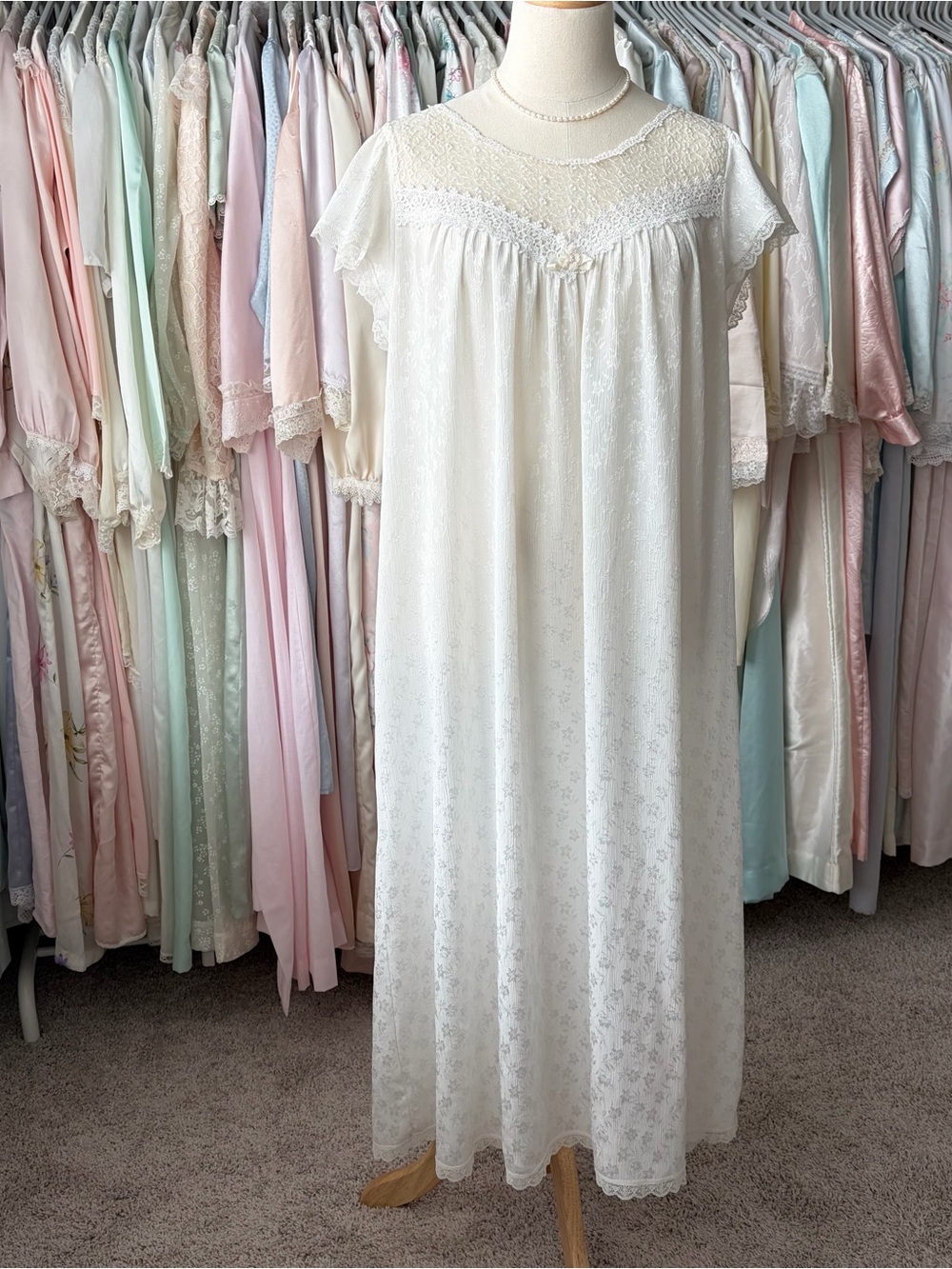 vintage Christian Dior white floral satin nightgown with lace trim